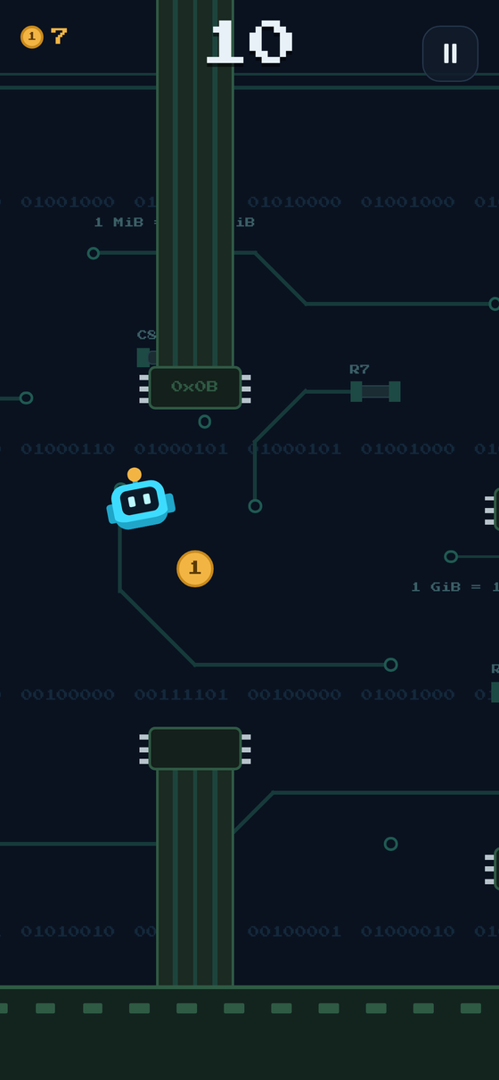 Byte Hopper gameplay: the robot flying between two chips